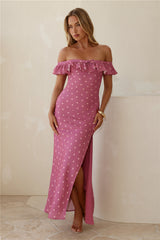 Dotted Delight Off Shoulder Maxi Dress Magenta