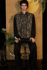 JIECHI Embroidered Metallic Jacquard Frog Button Shirt