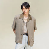 ALVNG AR ANTS Contrast Collar Knitted Texture Half Shirt