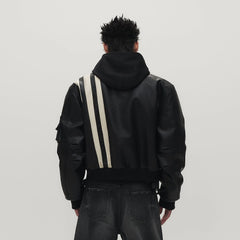 SAVAGEGROWTHWORLD Striped Faux Leather Padded Bomber Jacket