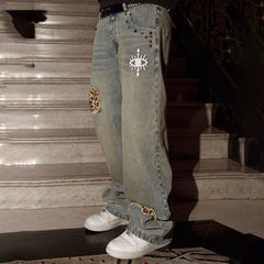 PHANTOMHUNTER Washed Leopard Patch Baggy Jeans