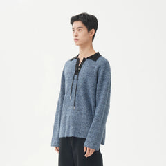 ORAL UTOPIA Lace-Up Polo Collar Knit Pullover