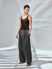 OPICLOTH Asymmetric Pleated Linen-Blend Micro Check Pants