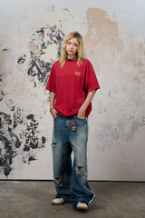 DONSMOKE Ripped Side Stripe Wide-Leg Jeans
