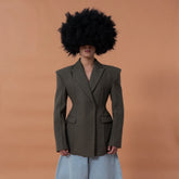 CLP Cinched-Waist Padded Shoulder Blazer Brown