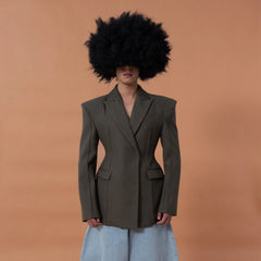 CLP Cinched-Waist Padded Shoulder Blazer Brown