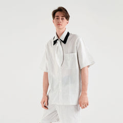 WIID Striped Contrast-Collar Tie-Neck Half Shirt