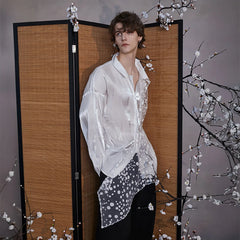 JIECHI Dots Tulle Drape Iridescent Shirt