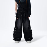 MOGONGSHE Detachable Drape-Strap Washed Jeans