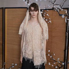 JIECHI Fringed Sequin Embroidered Hooded Poncho
