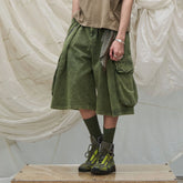 RELABEL Detachable Scarf Washed Multi-Pocket Wide-Leg Shorts Green