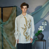 JIECHI Sequin Leaf Embroidered Asymmetrical Wrap Shirt