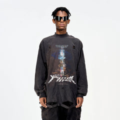 ULIPERY Distressed Glow Crinkled Long Sleeve Tee