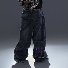PCCVISION Contrast Stitch Embroidered Washed Jeans