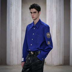 FACEONLAB Mental-Button Embroidered Badge-Patch Shirt Blue