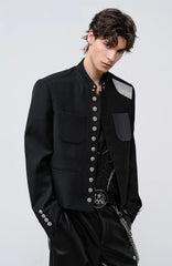 FACEONLAB Stand-Collar Metal-Shoulder Blazer Black