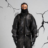 FLYERRER Mutation Layered Armor Spliced Faux Leather Jacket Black