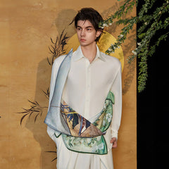 JIECHI Asymmetrical Scarf-Draped Graphics Shirt