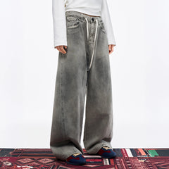 OVERLAPS Washed Drawstring Wide-Leg Jeans