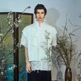 JIECHI Embroidered Bamboo Layered Mandarin Collar Half Shirt