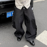 STEEPC Grommet Snap-Fly Flared Raw Jeans