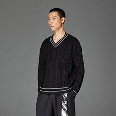 CATSSTAC Varsity V-Neck Cable-Knit Sweater