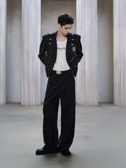 FACEONLAB Metal Badge Multi-Zip Tweed Biker Jacket