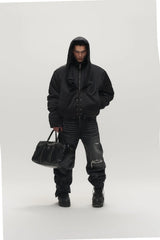 SAVAGEGROWTHWORLD Detachable Hood Satin Oversized Bomber Jacket