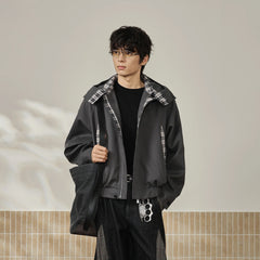 MOITIEDEPETALE Convertible Collar & Hood Plaid Pocket Jacket