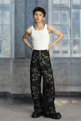 TUIMU Beaded Floral Embroidered Wide-Leg Denim Trousers