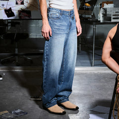 455EMBLE Washed Waist-Zip Wide-Leg Jeans
