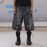 DND4DES Croc Cross Panel Washed Bermuda Denim Shorts