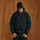 PMW Knitted Panel Ruched-Sleeve Hooded Jacket