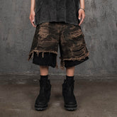 UNDERWATER Double-Layered Ripped Black Shorts Camo