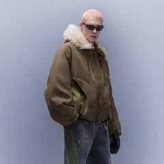 XIPHEVIL Faux Fur Trim Panel Puffer Jacket