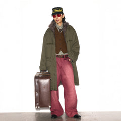 TRECLUB Retro Faux Fur Lining Oversized Parka
