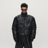 SAVAGEGROWTHWORLD Hook Buckle Faux Leather Puffer Jacket