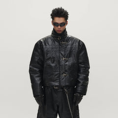 SAVAGEGROWTHWORLD Hook Buckle Faux Leather Puffer Jacket