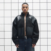 455EMBLE Faux Leather Spliced Multi-Zip Stand Collar Jacket