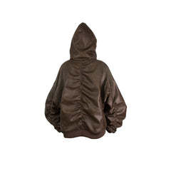 RELABEL Detachable Plush Scarf Ruched Hooded Jacket Brown