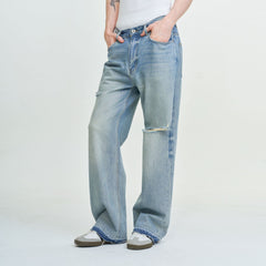 LEONSENSE Washed Ripped Frayed Straight-Leg Jeans