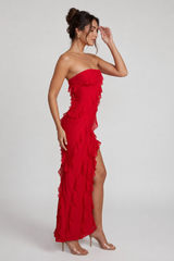 Bandeau Ruffle Detail Maxi Dress in Red