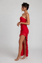 Bandeau Ruffle Detail Maxi Dress in Red