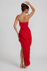 Bandeau Ruffle Detail Maxi Dress in Red