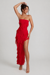 Bandeau Ruffle Detail Maxi Dress in Red