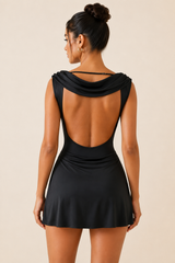 Draped Open-Back A-Line Mini Dress in Black