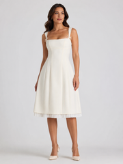 Bow-Detail Pleated A-Line Midi Dress in Ivory