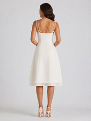 Bow-Detail Pleated A-Line Midi Dress in Ivory