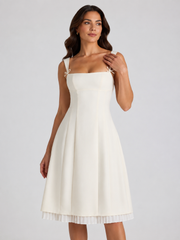 Bow-Detail Pleated A-Line Midi Dress in Ivory