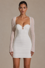 Embellished Long-Sleeve Mini Dress in Snow